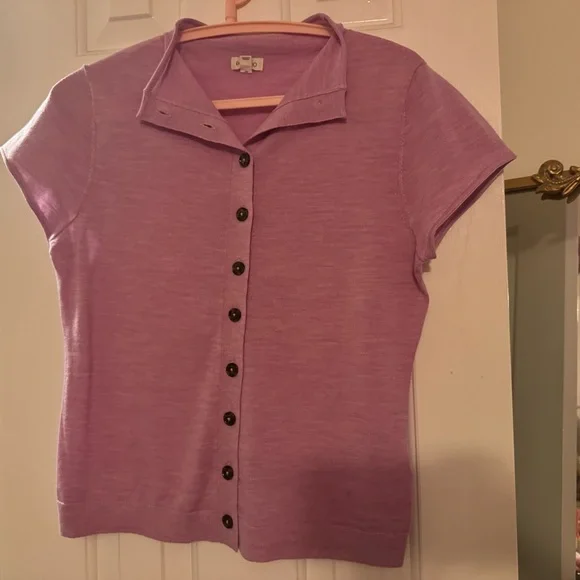 Pilcro Women’s Merino Wool Mock Neck short sleeve cardigan sweater Lilac Large - Picture 2 of 5